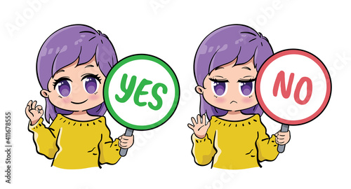 Vector illustration of cute girl holding sign board with lettering yes and no. Concept of choice, option, selection, answer, reply, accept or refuse. Drawn with kawaii chibi style.