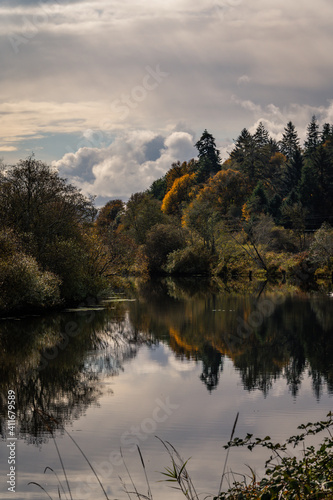 Serene autumnal river in Oregon during cloudy day