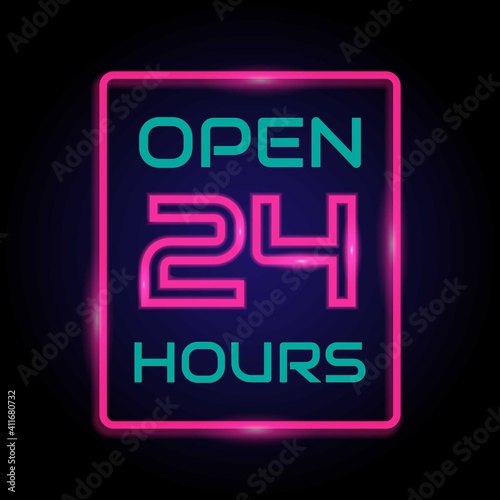 Neon open 24 hours sign. - Vector.
