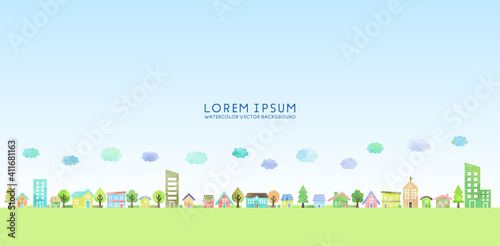 watercolor cityscape illustration, vector hand drawn houses