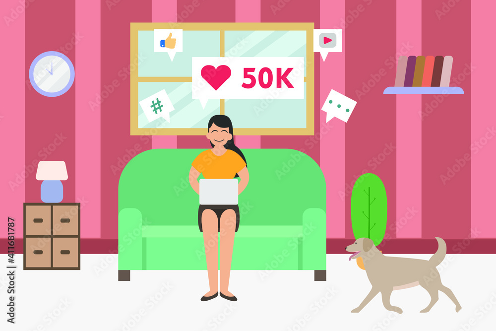 Social media vector concept: Young woman chatting on social media with laptop while sitting on the sofa