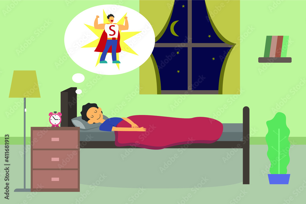Boy sleeping on bedroom and dreaming to be a superhero at night