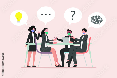 Business meeting vector concept. Group of businesspeople wearing face mask while discussing in a business meeting