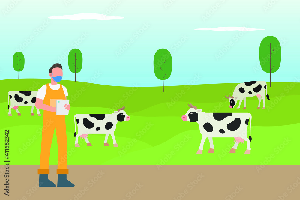 Farm vector concept: Young farmer checking his cows in the meadow while wearing face mask in new normal