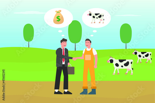Farm vector concept: Young farmer and businessman handshaking in the farm 