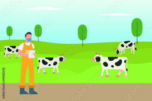 Farm vector concept  Young farmer checking his cows in the meadow while wearing face mask in new normal