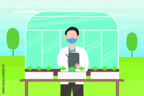 Farm vector concept: Young man analyzing seeds of plantation while wearing face mask in new normal