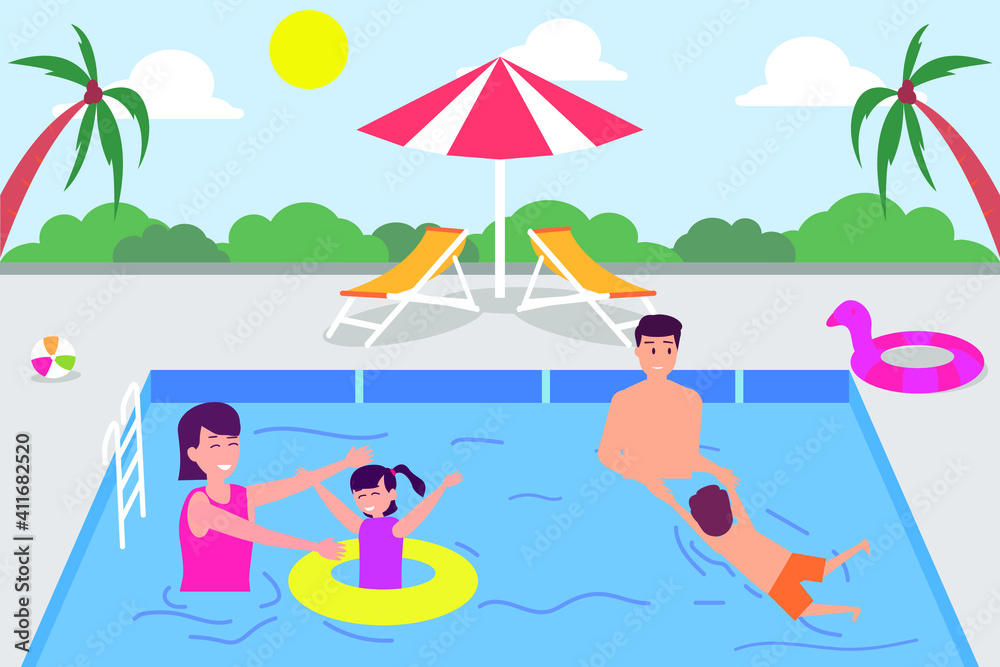 Leisure time vector concept: Young parents and children swimming together in the pool while enjoying quality time 