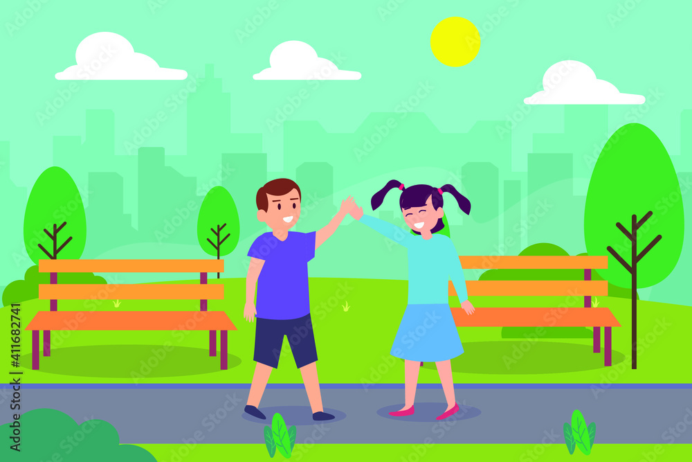 Leisure time vector concept: Little girl and boy doing high five while playing in the park together Leisure time vector concept: Little girl and boy doing high five while playing in the park together
