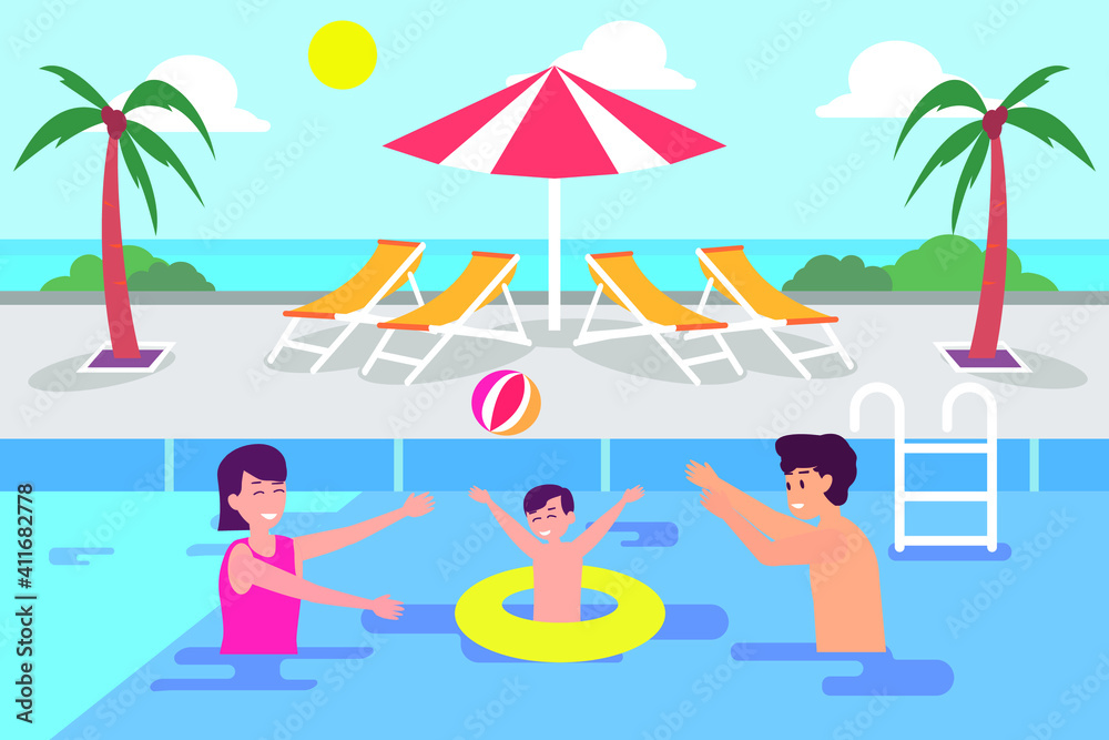 Leisure time vector concept: Little son and young parents swimming together in the pool while enjoying quality time 