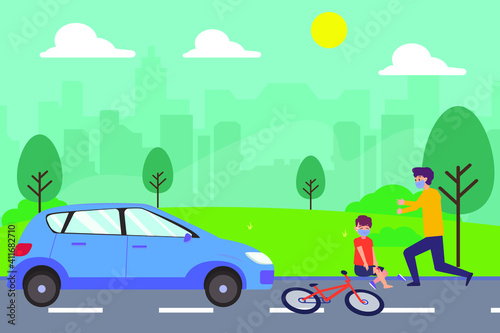 Accident vector concept  Little boy crying on the road with accident while young man helping little boy 