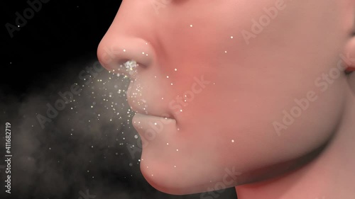 Human nose inhaling particles , bioaerosols. Scent molecules entering nasal passage of person. 3d animation render photo