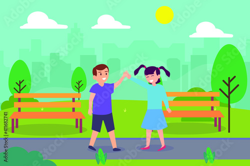 Leisure time vector concept: Little girl and boy doing high five while playing in the park together