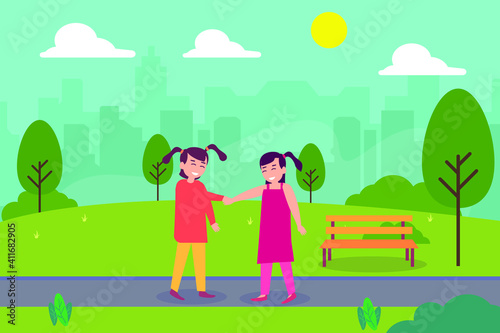 Handshaking vector concept: Two little girls handshaking each other while standing in the park