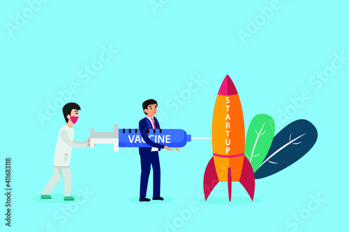 Businessman and doctor cartoon character injecting vaccine to startup rocket while wearing face mask.