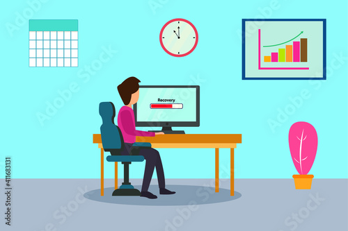 Businessman cartoon character looking at recovery bar status on the computer monitor with growing financial graph on the wall