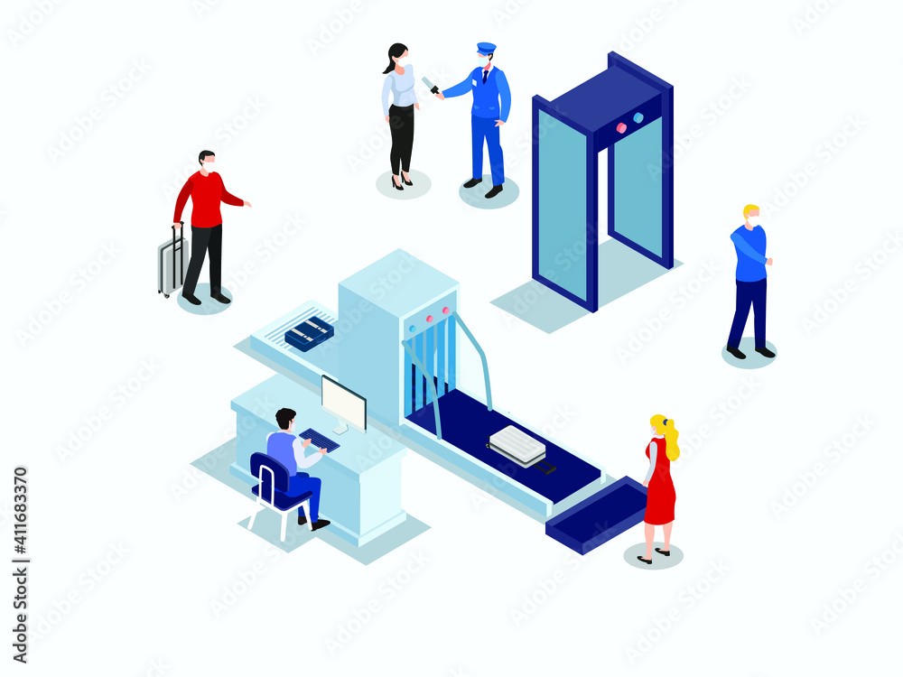 Passenger with luggage at airport security checkpoint gate in airport. Isometric vector concept Passenger with luggage at airport security checkpoint gate in airport. Isometric vector concept