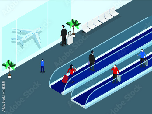 Passenger walking on the long horizontal escalator at international airport terminal while carrying luggage. Isometric vector concept