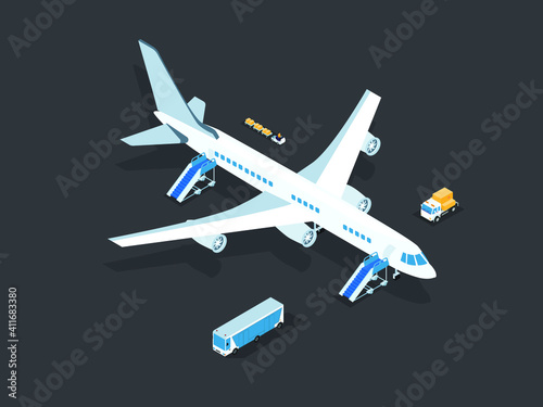 Airplane on the runway with passenger bus, stairs, and luggage car. Isometric vector concept