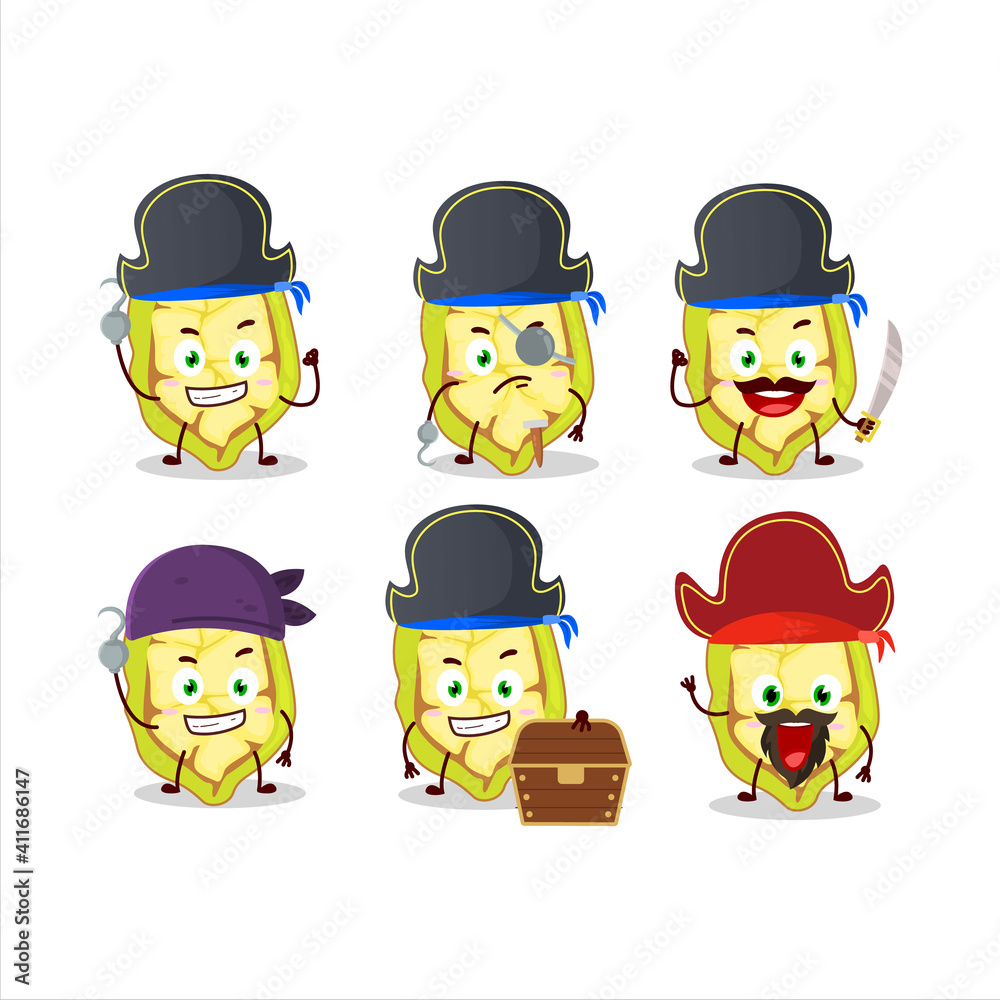 Cartoon character of slice of cupuacu with various pirates emoticons Cartoon character of slice of cupuacu with various pirates emoticons