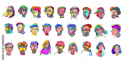 Vector doodle illustration continuous drawing of colorful people face  masker  mask in pop art style in white background.