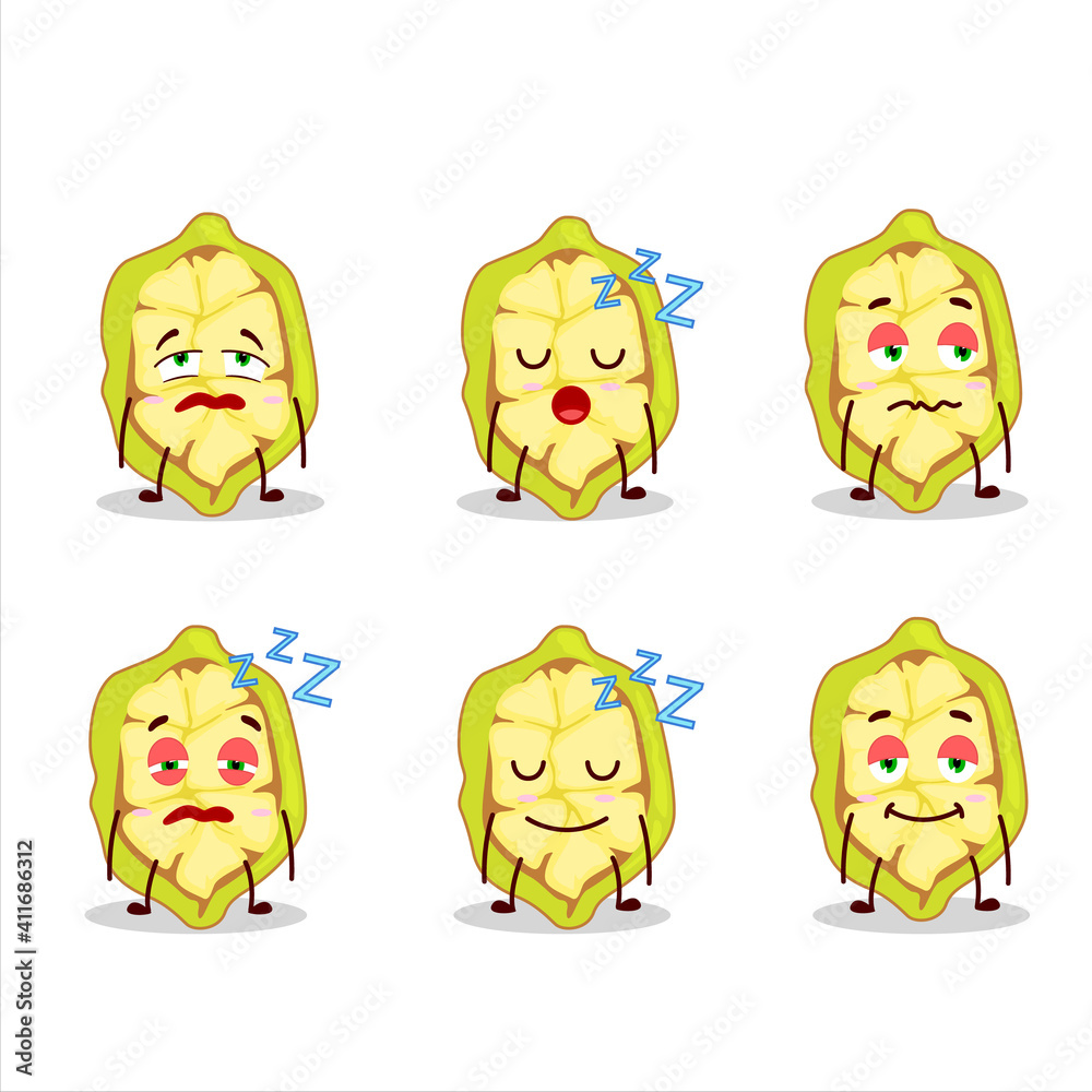 Cartoon character of slice of cupuacu with sleepy expression Cartoon character of slice of cupuacu with sleepy expression
