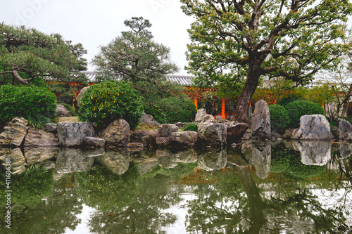 Sanjusangen-do Buddhist temple gardens and beautiful pond, Kyoto, Japan photo