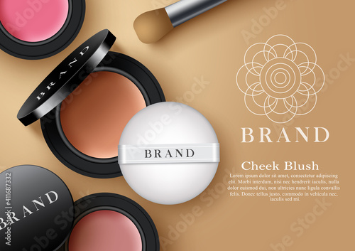 Cosmetic cheek blush products vector template design. Cheeks make up cosmetics product with elements like mock up blush compact powder and sponge for beauty brand advertisement. Vector illustration