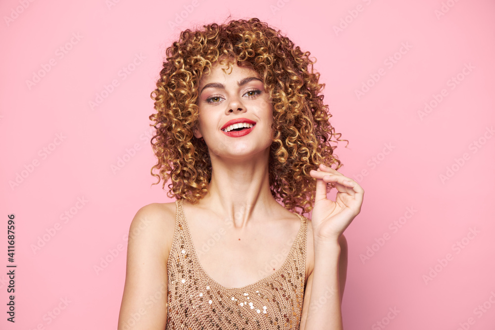 Fototapeta premium Sexy model Smile Red Lips Curly Hair Studio bright makeup 