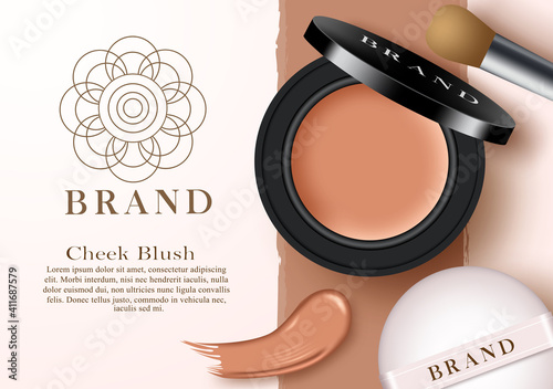 Cheek blush cosmetic products vector template design. Cosmetics mock up product for cheeks make-up in black compact powder with sponge and brush elements for beauty advertisement. Vector illustration