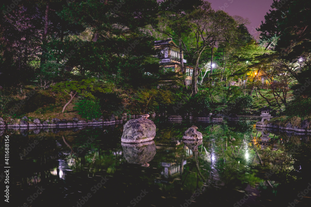 Ducks on rocks in a pond, stone lamps and part of the Yasaka shrine in night, Kyoto, Japan