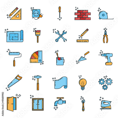 Big set of renovation house 25 icon, concept repair build tool stuff, instrument toolkit line art flat vector illustration, isolated on white.