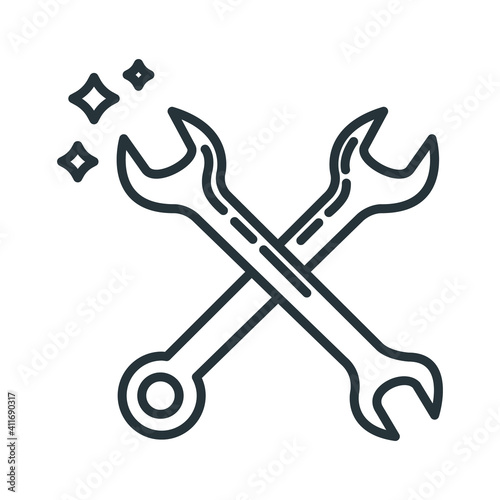 Concept wrench construction tool icon, spanner toolkit professional instrument flat line vector illustration, isolated on white.