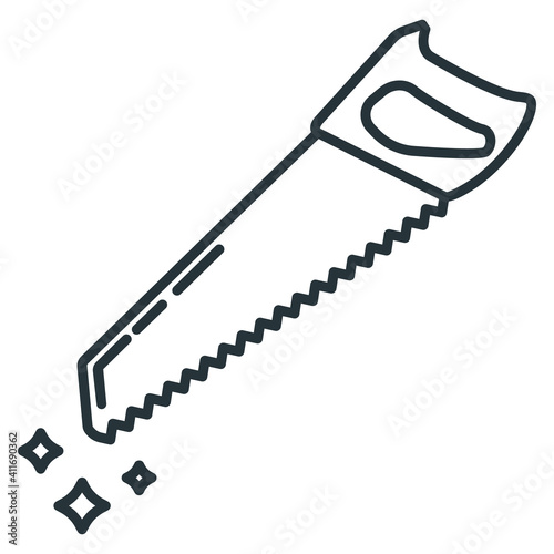 Hand saw construction repair tool icon, concept hacksaw work toolkit renovation house line flat vector illustration, isolated on white.