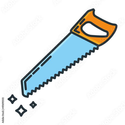 Hand saw construction repair tool icon, concept hacksaw work toolkit renovation house line flat vector illustration, isolated on white.