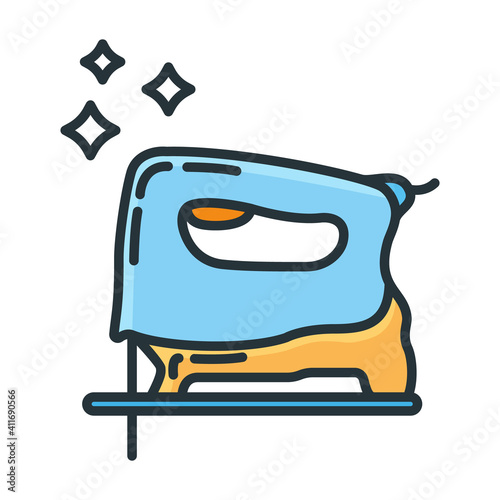 Manual wooden jig saw construction drill icon tool device, concept fretsaw repair building line flat vector illustration, isolated on white.