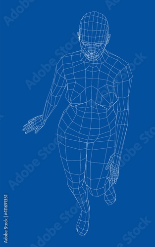 Wireframe walking woman. Vector