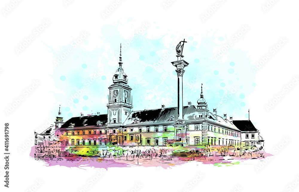 Building view with landmark of Poland is the
country in Europe. Watercolor splash with hand drawn sketch illustration in vector.