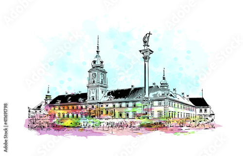 Obraz na płótnie Building view with landmark of Poland is the
country in Europe. Watercolor splash with hand drawn sketch illustration in vector. w salonie