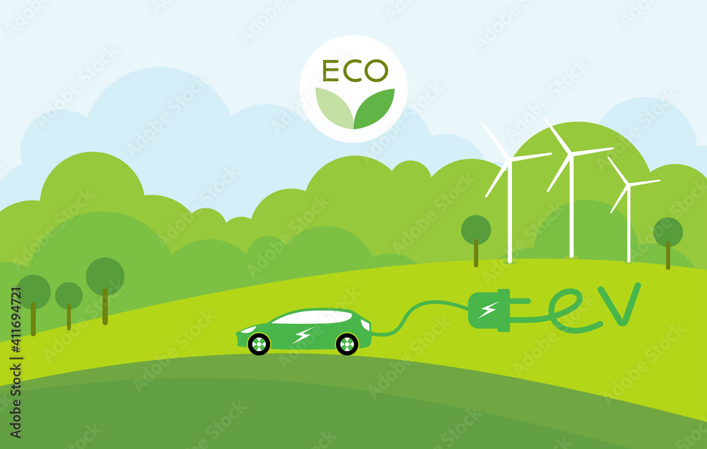 EV car, Electric car clean energy environment friendly, Electric car with power cable and electric plug with nature tree.