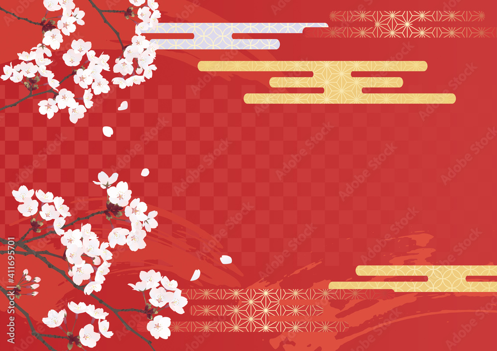 桜 和風 背景 素材 かっこいい 赤 朱色 金色 イラスト 春 花 和柄 めでたい Stock ベクター Adobe Stock
