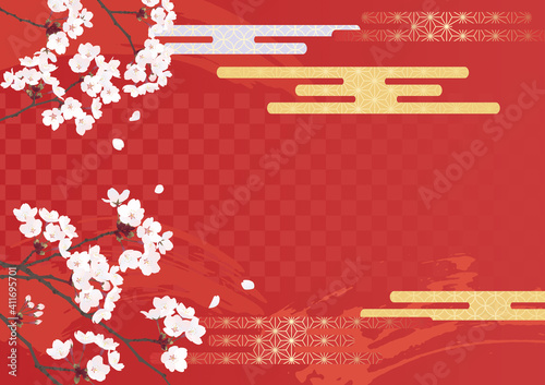 桜 和風 背景 素材 かっこいい 赤 朱色 金色 イラスト 春 花 和柄 めでたい Stock Vector Adobe Stock
