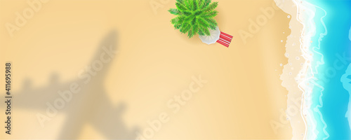 Airplane shadow under seashore with palm and sun umbrella. Sea shore and shadow of plane over beach. Vector background