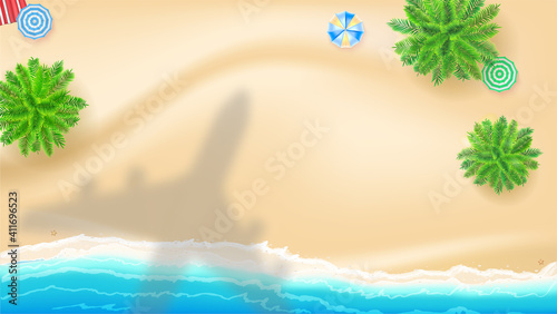 Aerial view to sea shore. Shadow of plane over beach. Vector summer background with airplane shadow under resort beach