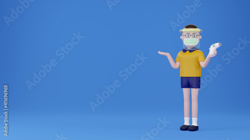 A boy in a mask protective mask use infrared forehead thermometer 3d rendering