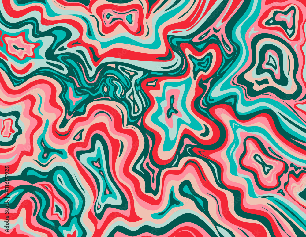 Digital marbling or inkscape illustration of an abstract swirling,psychedelic, liquid marble and simulated marbling in the style of Suminagashi Kintsugi marbled effect in Coquelicot and Congo Pink.
