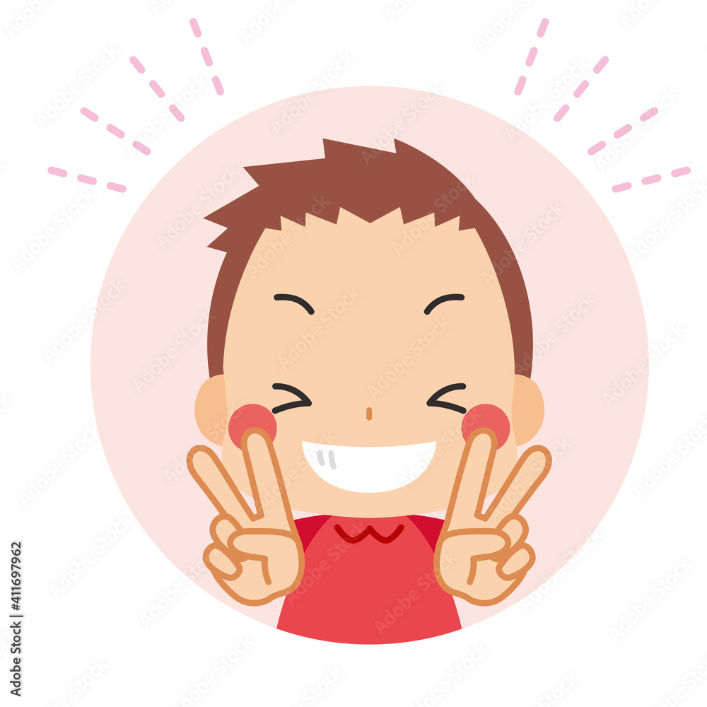両手でピースをしているご機嫌な可愛い小さな男の子 アイコン イラスト 円型 Stock Vector Adobe Stock