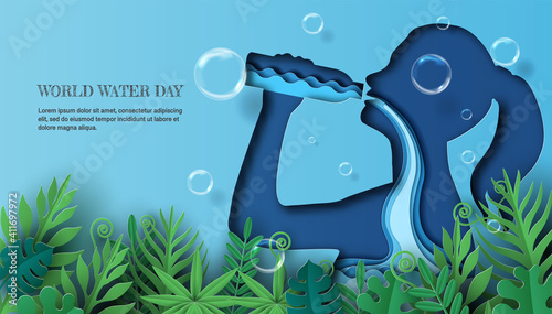 World Water Day, save water, a woman drinking water, and the water flow through her body, Paper illustration and 3d paper.