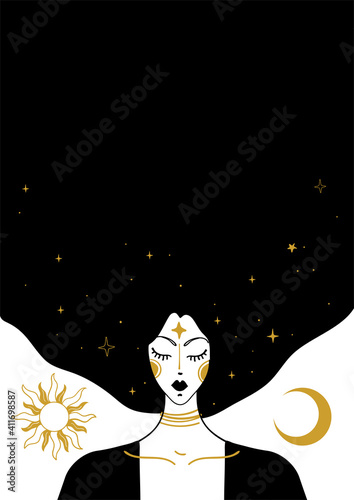 Mystical vector vintage illustration, face of a witch girl with black hair, card with copy space, space background with sun, moon and stars. Concept for meditation, tarot, witchcraft