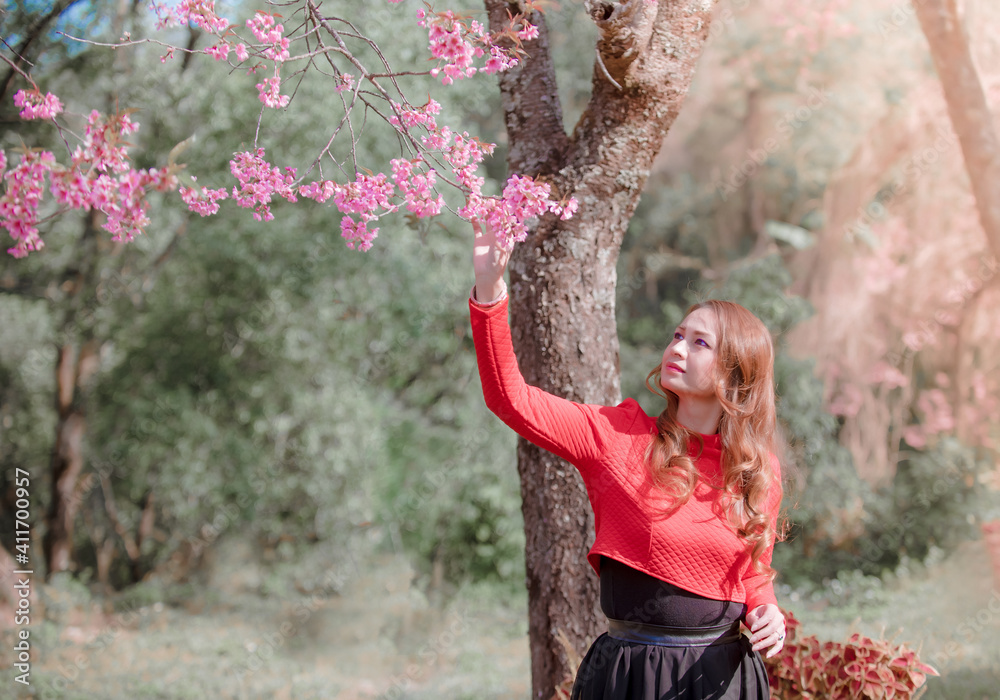 Beautiful asian women and flowers tiger in Chiang Rai Thailand